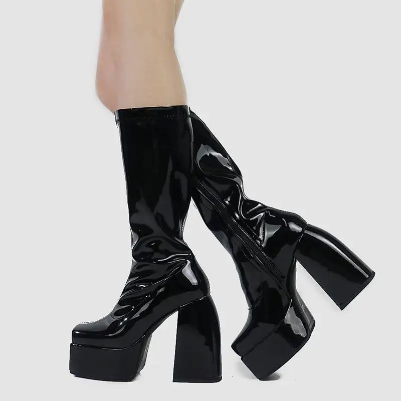 Elastic Microfiber Shoes Ankle Boots Autumn Snow Boots High Heel Thick Platform Mid-Calf Boots