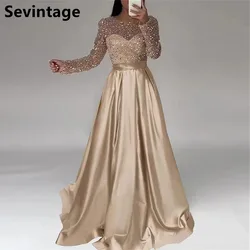 Sevintage 2025 Sparkly A Line Evening Dress Long Sleeves Champagne Custom Made Arabic Prom Gown Wedding Party Dress Vestidos