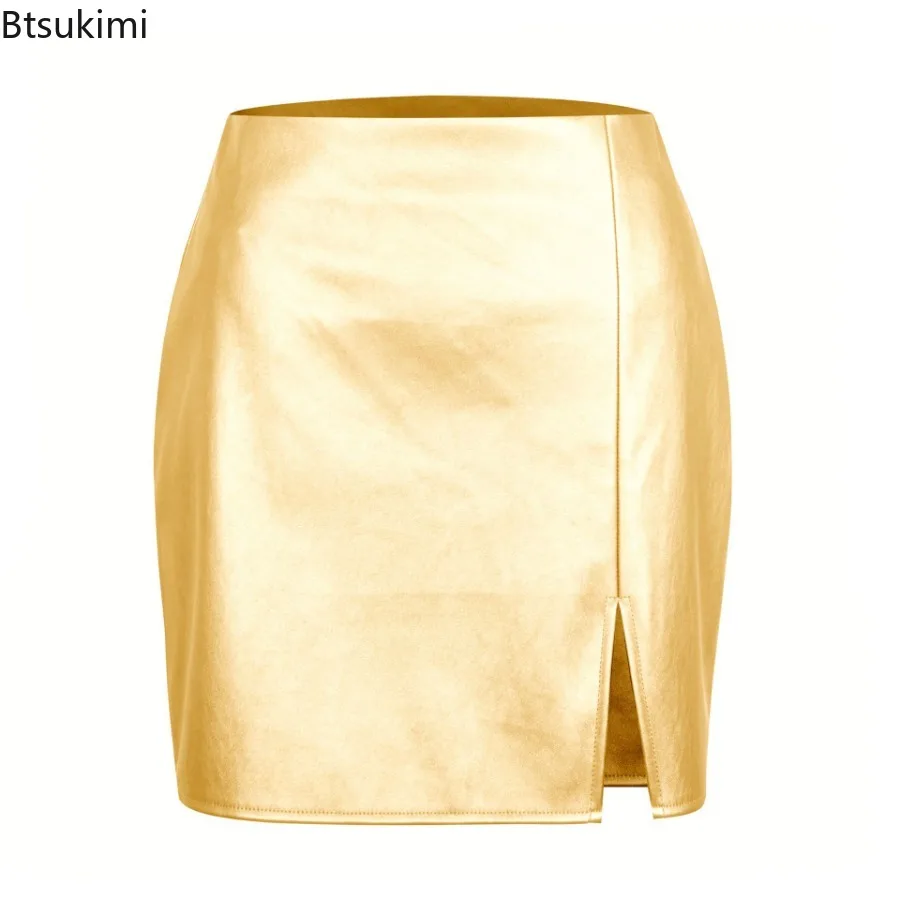 2025 New Metallic PU Split Leather Skirt Sexy High Waist Zipper Half Body Skirts Tight Party Club Mini Skirt Fashion Street Wear