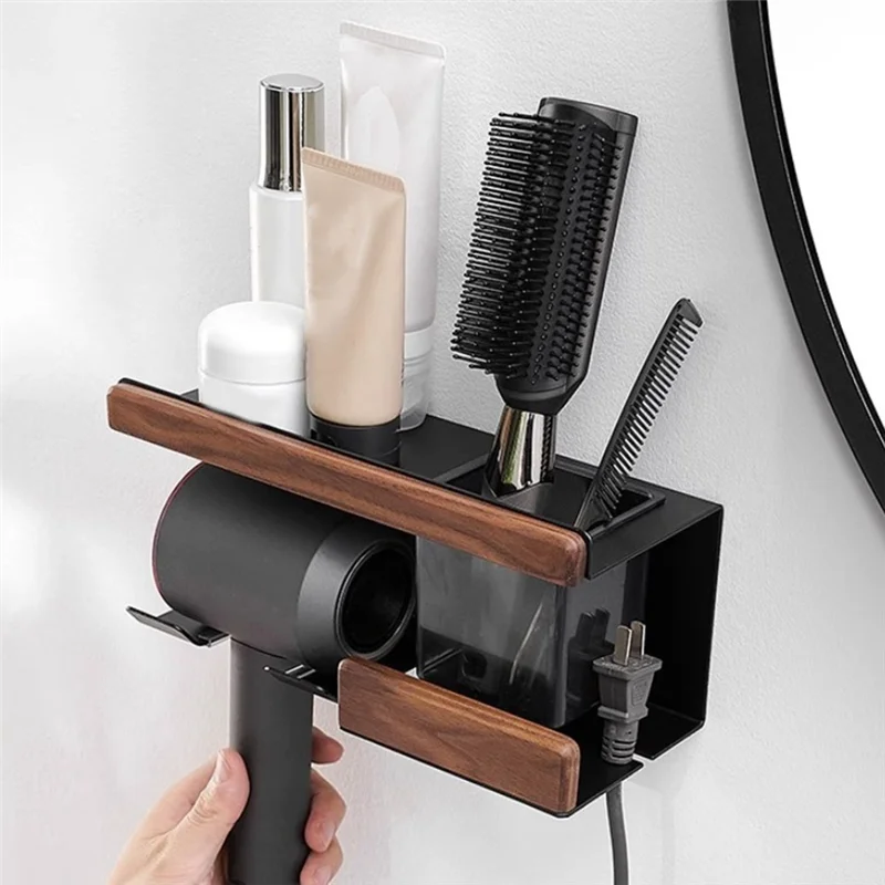 

1 PCS Wall Mount Hair Dryer Holder Stand Bathroom Stylish Hair Tool Rack Organizer Shelf Walnut Black Blow Dryer Holder Pylon-A7