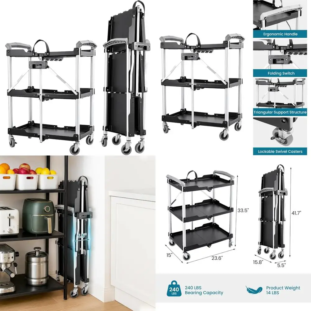 

Folding Utility Cart with Wheels for Storage - 3-Tier, 240 lbs Capacity, Ideal for Garage, Office, Kitchen, and Storehouse