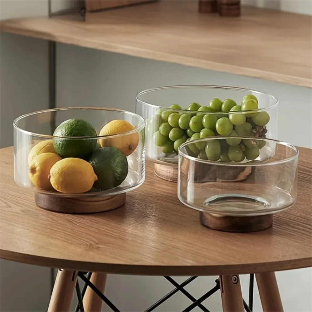 

New Large Size Glass Fruit Bowl Wood Base Multi-Purpose Salad Bowl Transparent Glass Kitchen Storage Snack Storage Bowl Home
