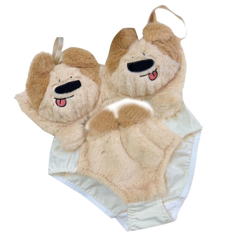 Japanese Cartoon Puppy Dog Plush Bra and Panty Set Anime Women's Brassiere Gather Lingerie Briefs Furry Underwear