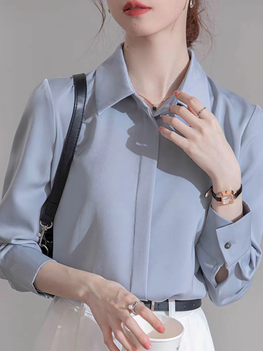 

Женская атласная блузка с длинным рукавом, французская мода, однотонные рубашки, офисная женская одежда, элегантные женские рубашки, корейская женская одежда