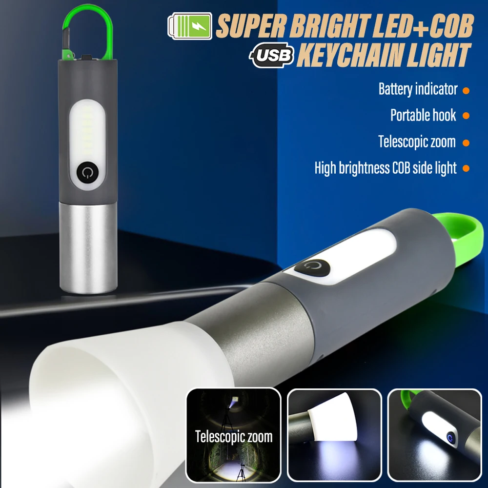 Super Bright LED COB Flashlight Mini Keychain Light Portable Searchlight Outdoor Camping Light with High Bright COB Side Light