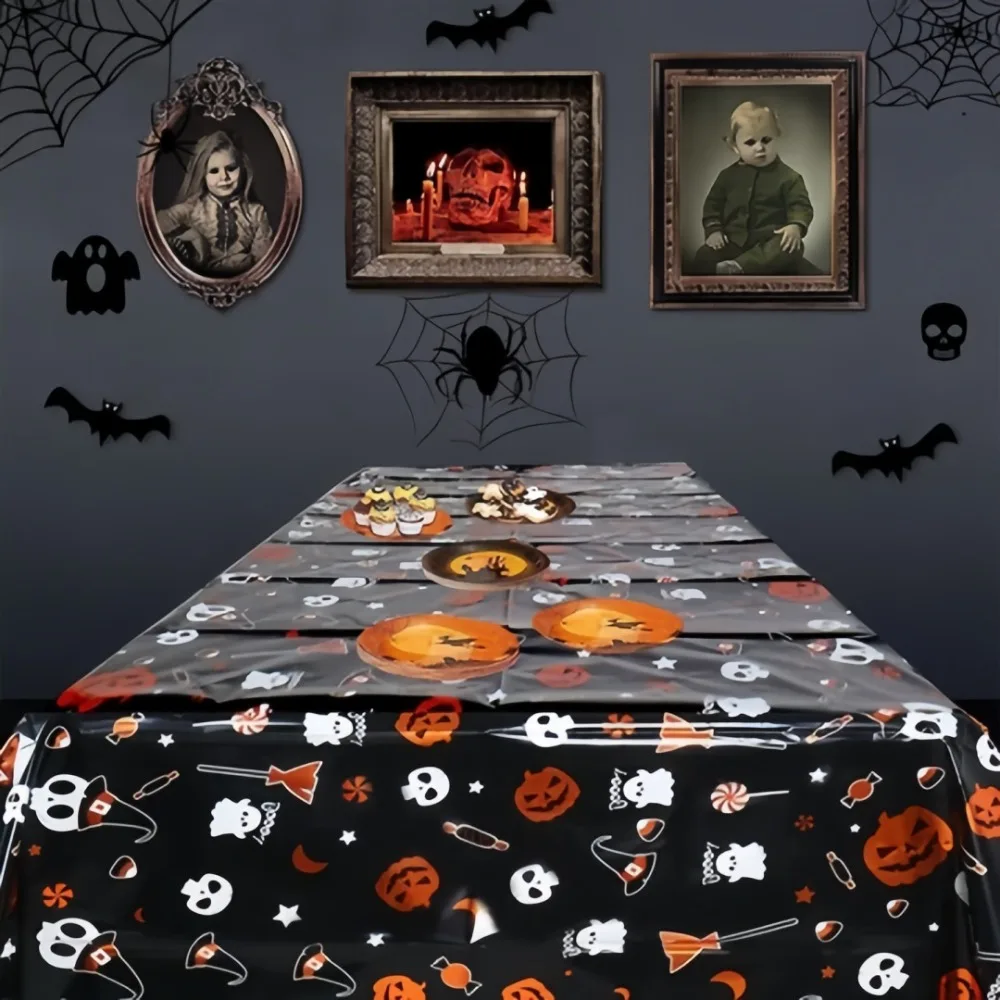 137*183cm Halloween Skull Pumpkin Ghost Bat Castle Waterproof Tablecloth Aluminum Film Disposable for Table Decor Party Supplies
