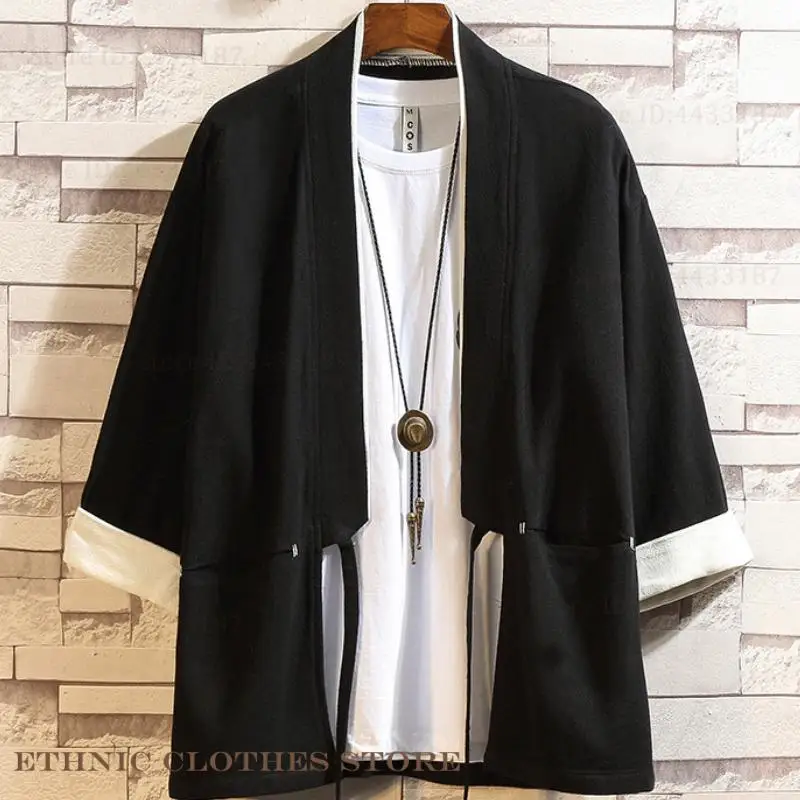 حجم كبير 3XL 4XL 5XL ثوب الكيمونو الياباني سترة الرجال القطن الكتان يوكاتا القمم سترة الرجعية الذكور قميص الشارع الشهير الملابس الآسيوية #2