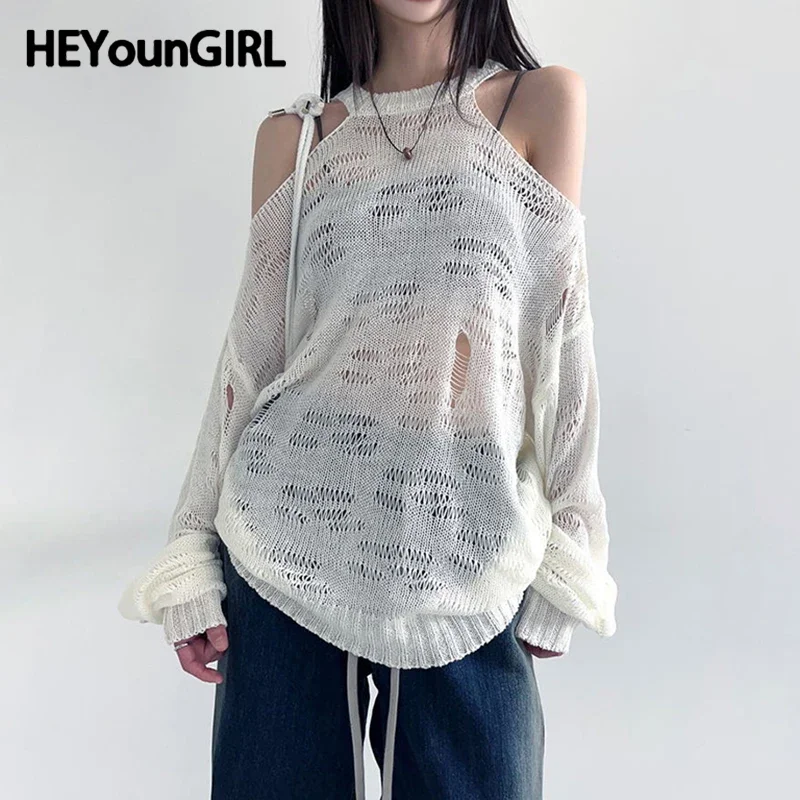 

HEYounGIRL See Through Oversized Sweater Full Sleeve Off Shoulder White Korean Casual Smock Top Loose Knitted Pullovers Ladies