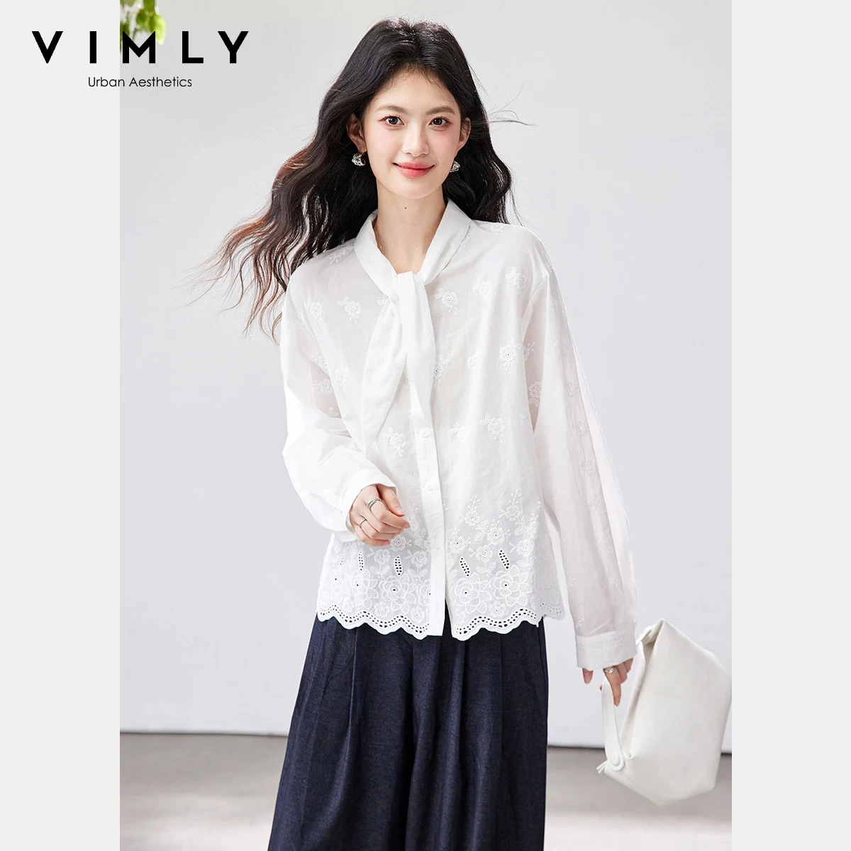 

Женская блузка VIMLY с воротником-стойкой и поясом, весна 2026, новая коллекция, французский хлопок, кружевные вставки, вышивка, длинный рукав, модель 30852