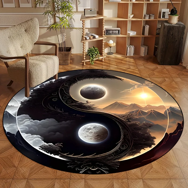 Yin Yang Sun Moon Mountain Rug Round Flannel Balance Harmony Nature Scene Floor Mat for Zen Meditation Space Spiritual Decor