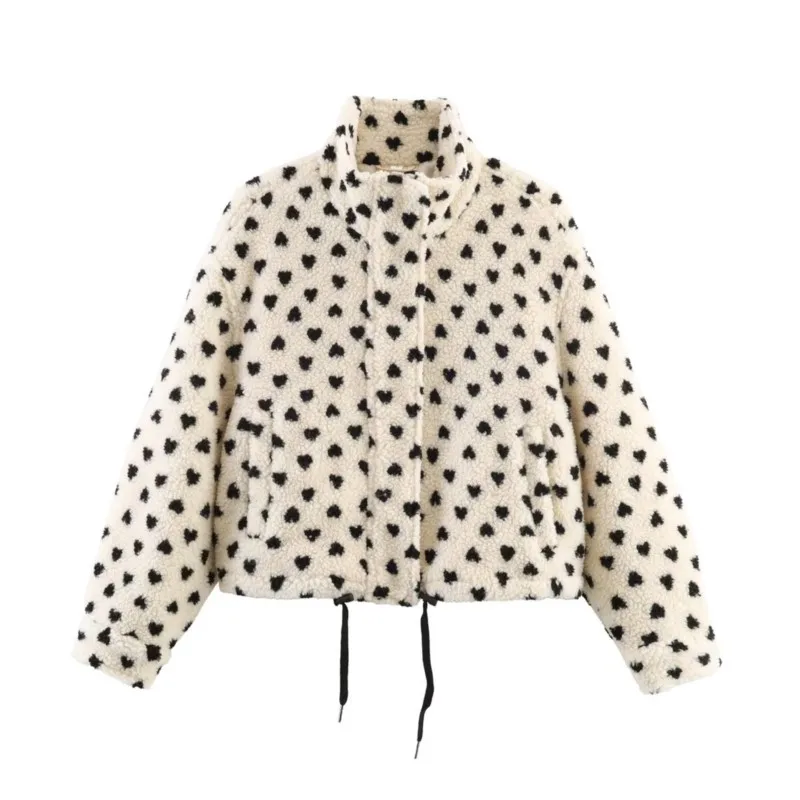 

Spring Autumn Women Polka Dots Jacket Casual High Collar Long Sleeve Women's Drawstring Faux Fur Coat Female Zipper Chic Tops