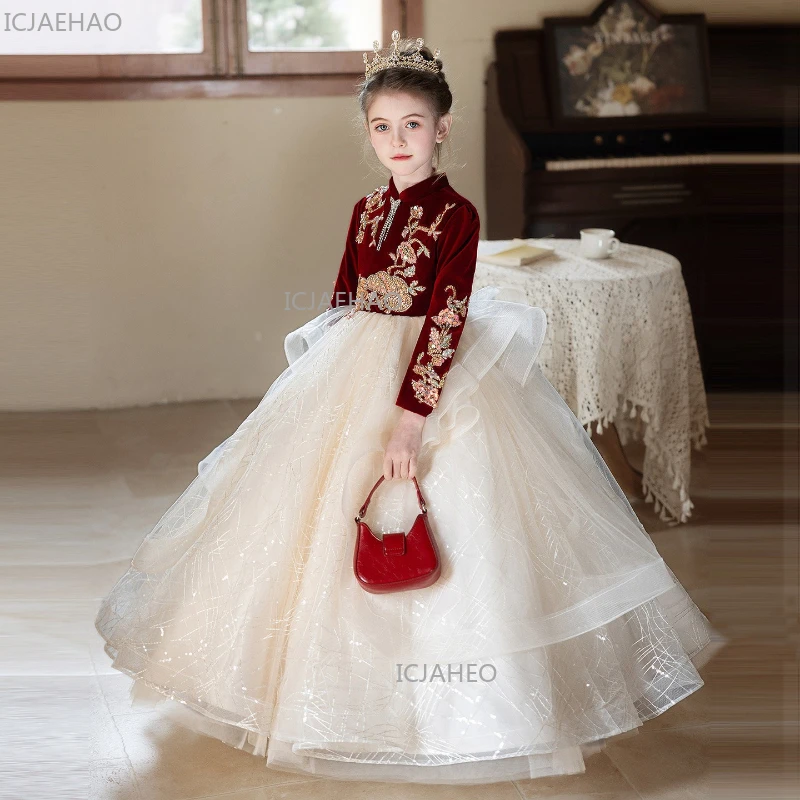 New Chinese Style Kids Gown Velvet Long Sleeve Little Girl Performance Formal Gown Autumn Winter Birthday Princess Dress Singing