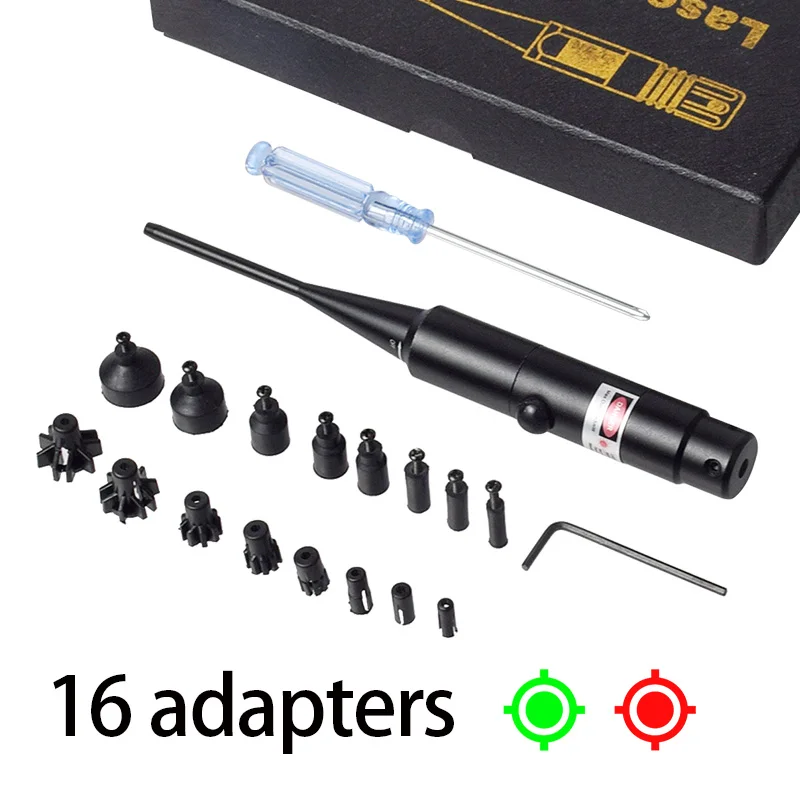 Green Red Laser Bore Sight Kit For 17 To 12GA Caliber Rifles Pistols -With Big Button Switch 16 Adapters Included Adjus