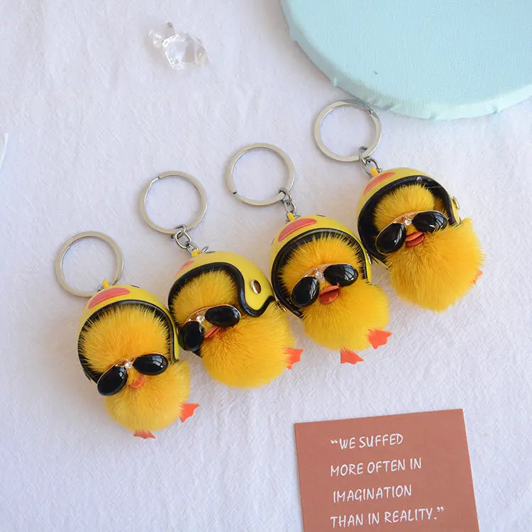 2 Pieces Mini Duckling Pendant Real Mink Fur Yellow Duck Plush Keychain Cute Mobile Phone Bag Decorations Accessory