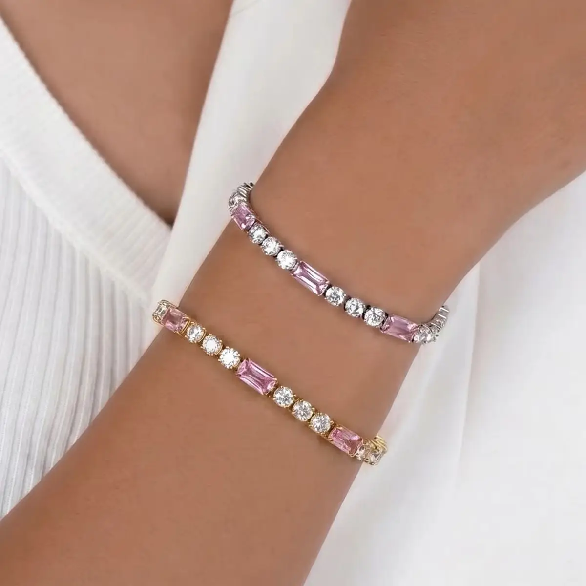 Fashionable Pink White Cubic Zirconia Tennis Bracelets for Women Stainless Steel Chain on Hand Trendy Party Accessories Jewelry