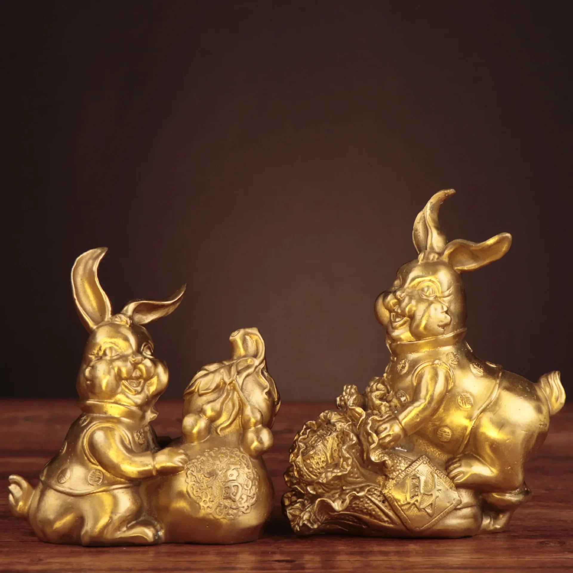 Chinese Collection Carving Brass Wealth FU Rabbit Crafts Decoration Statue A Pair