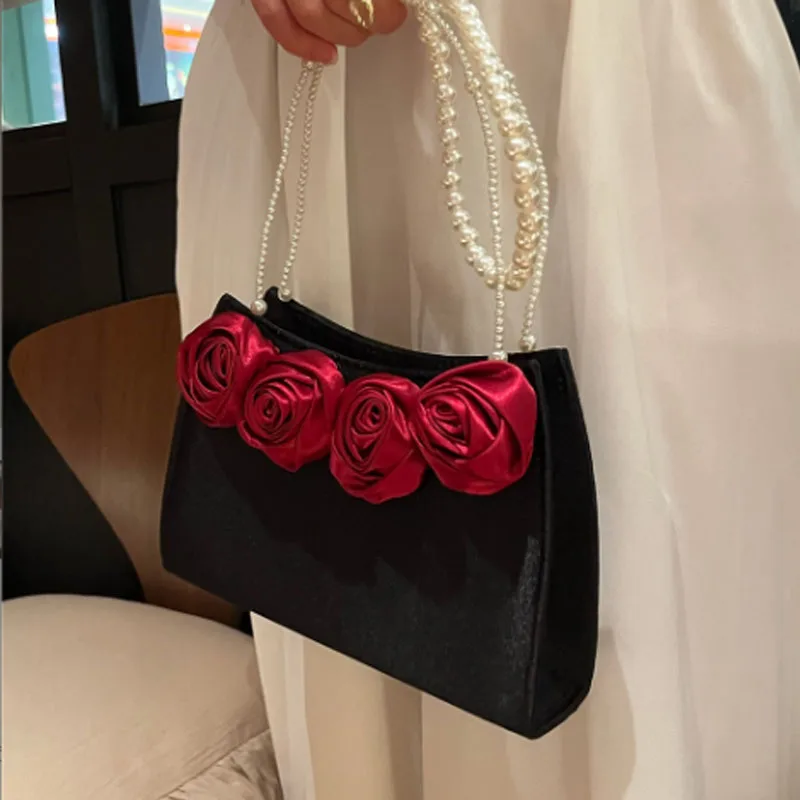 Vintage Pearl Women Handbag Rose Flower Women Bag Fashion Fairy Evening Party Bag Shoulder Bag