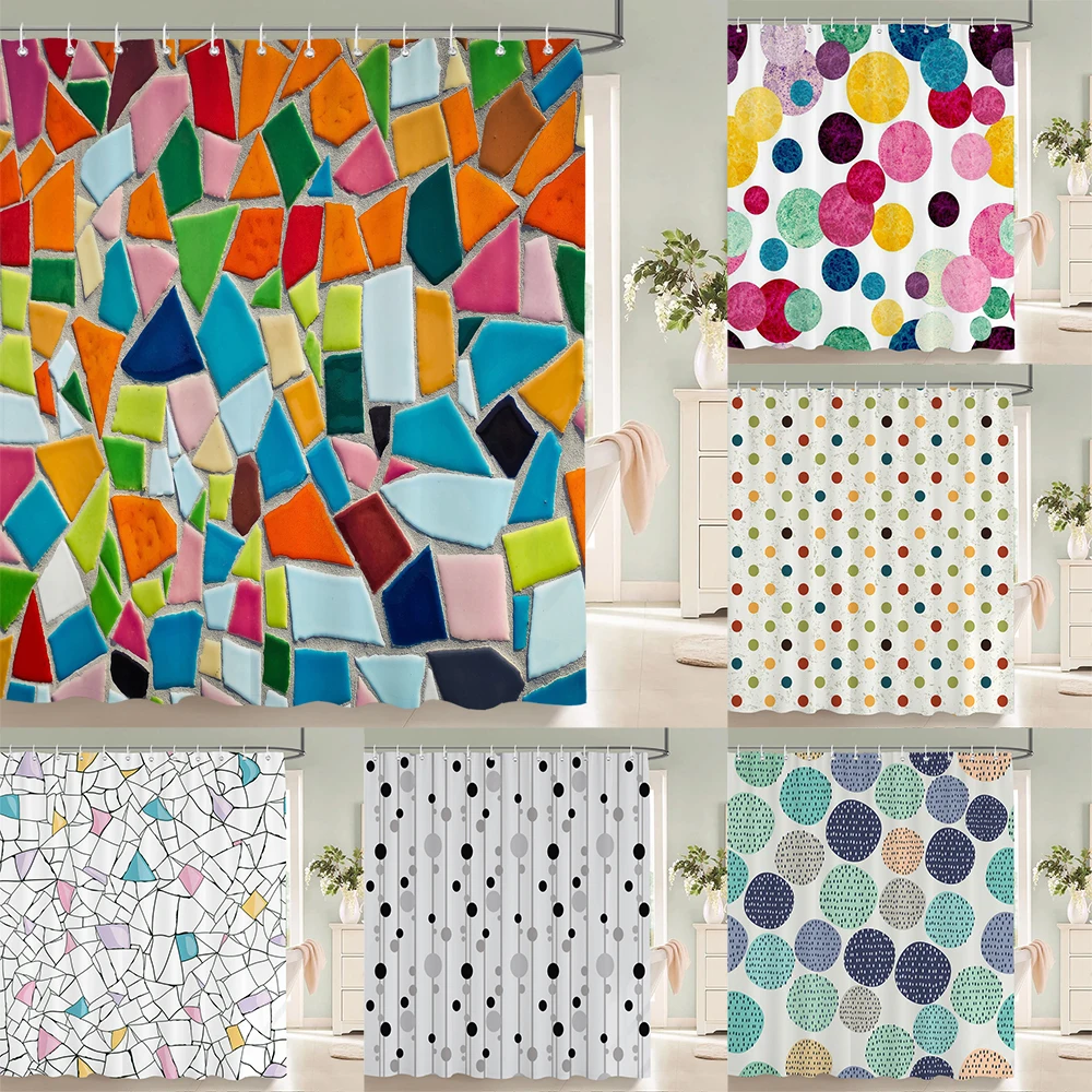 

Simple Colorful Geometric Pattern Fabric Shower Curtain Bathroom Curtains Round Mosaic Waterproof Bath Screen With 12 Hooks