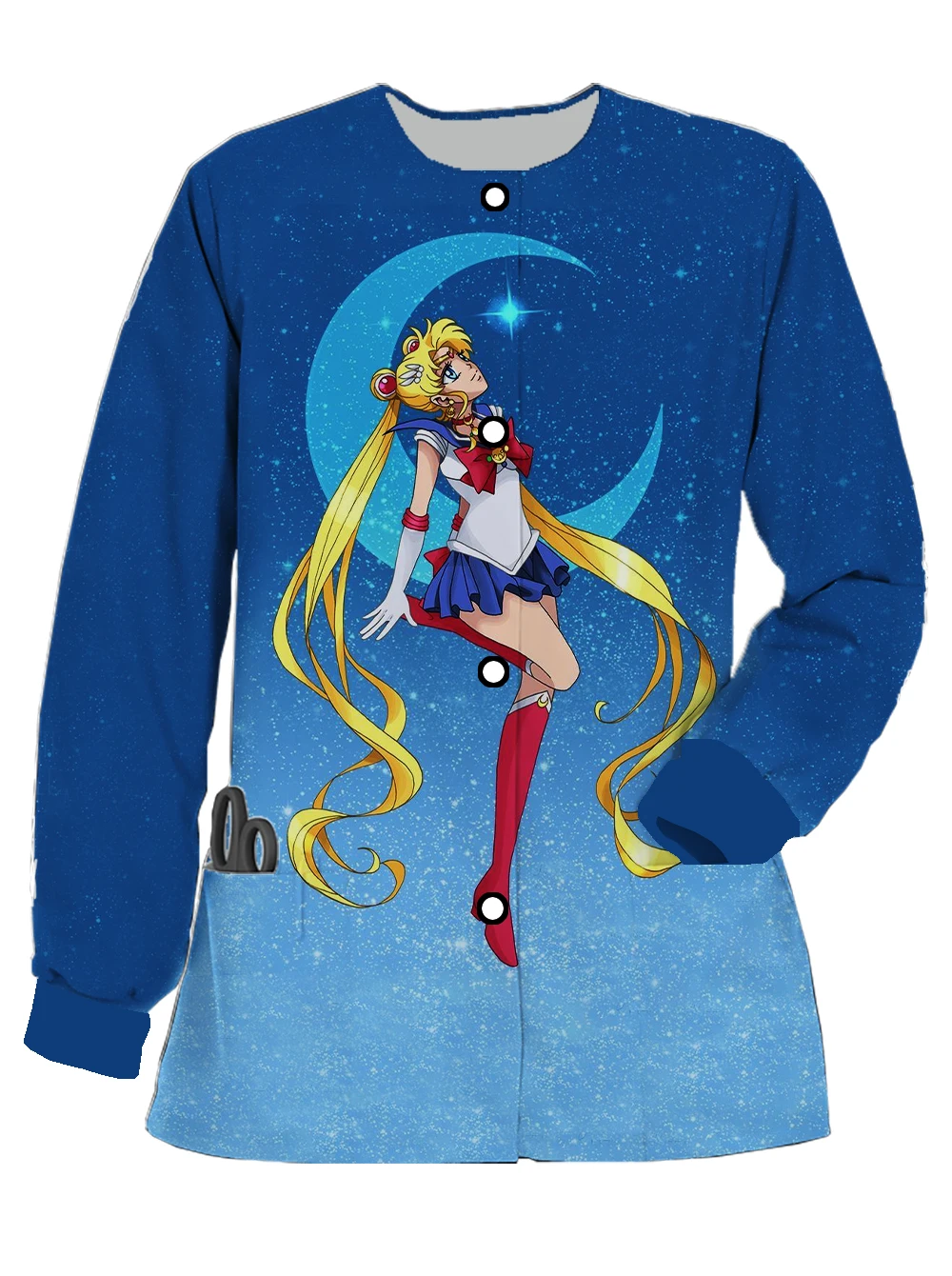 Sailor Moon Cute Print Girls Long Sleeve Nurse Uniform Ophthalmology Dental Pocket Cardigan Women’s Work Uniform