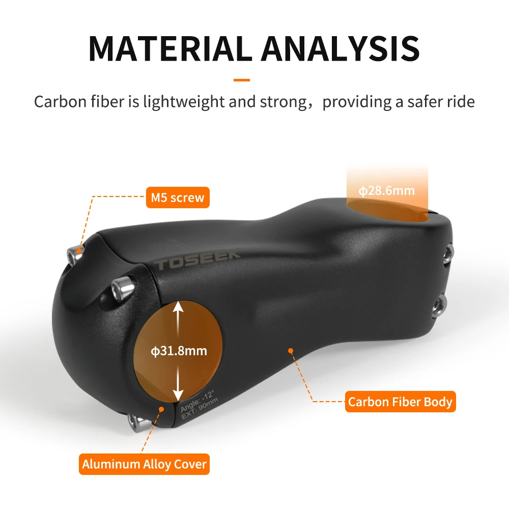 สเต็มจักรยานเสือภูเขา TOSEEK K03 คาร์บอน 12 องศา ขนาด 31.8 มม. ความยาว 100/110/120/130 มม. สีดำด้าน อะไหล่จักรยาน