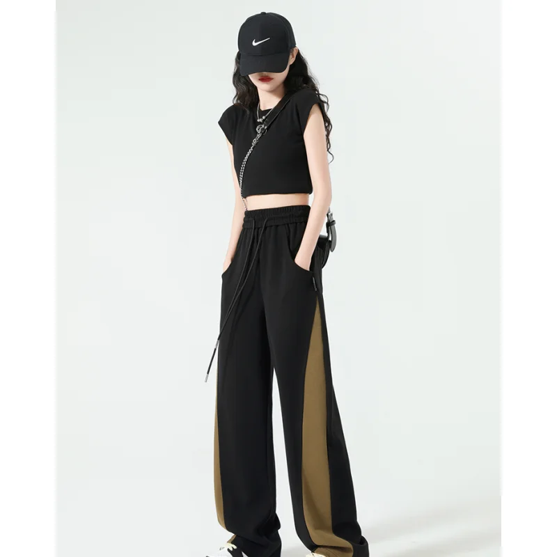 Women Brown Vibe Vintage Casual Pants Fashion High Waist Baggy Straight Pants High Street Mopping Wide-leg Trouser Ladies Summer