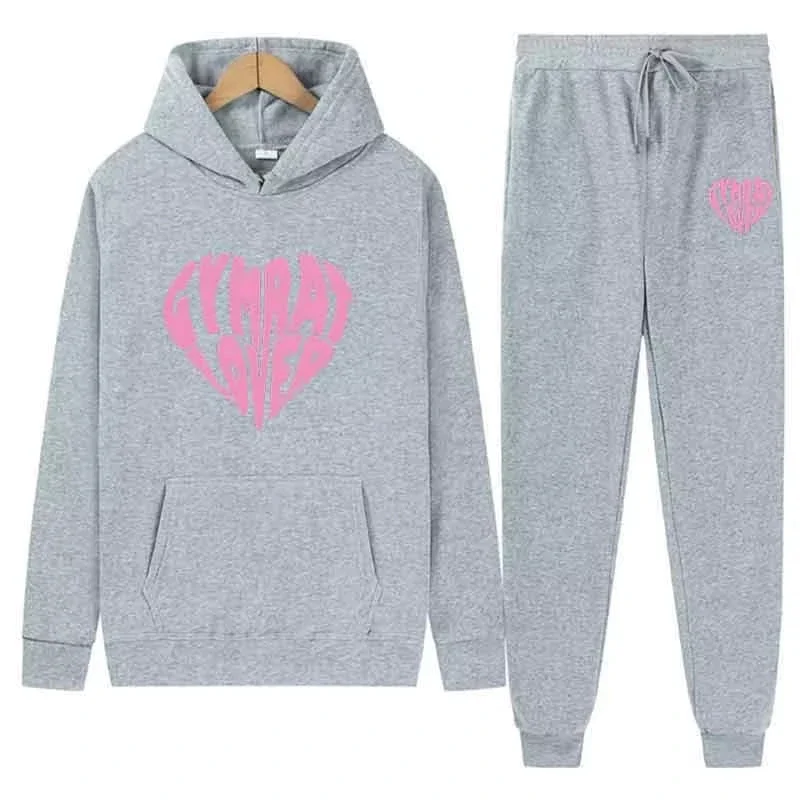 

Осенние мужские серые синие повседневные комплекты из 2 предметов, трендовые толстовки с капюшоном, узкие брюки, теплые толстовки, уличная мода, розовый спортивный костюм с принтом Love
