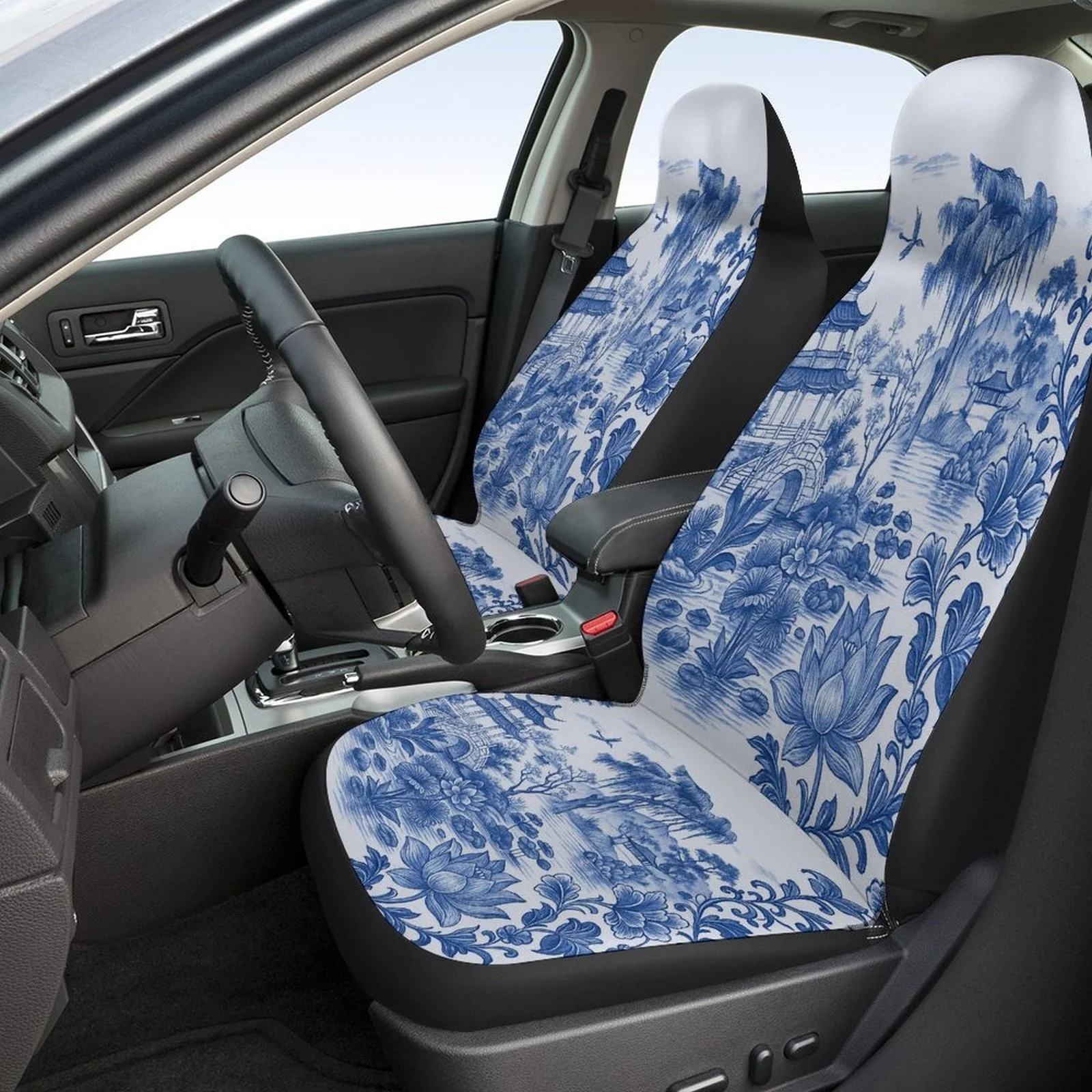 Blue Willow Garden Designed Car Seat Covers Set For Most Cars, Trendy Novelty Decorative Car Seat Protector Covers Full Set, Ca