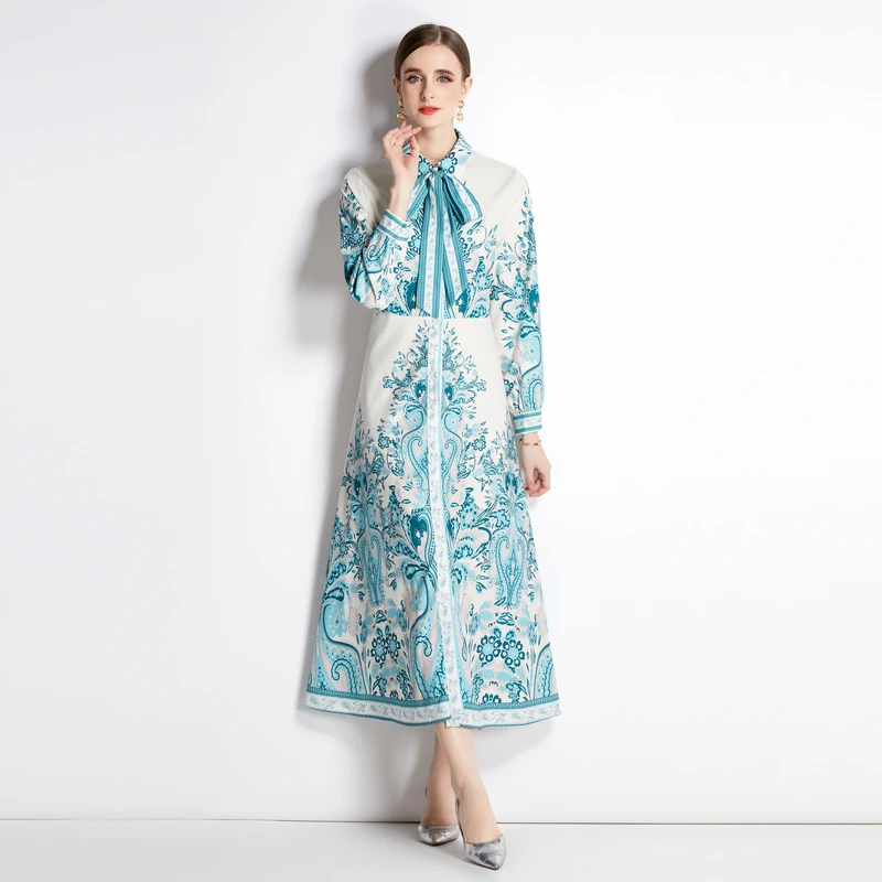 2023 New Fashion Silk Printed Dress Women's Summer Versatile Elegant Long Sleeve Loose Fit Leisure Vacation Vestidos