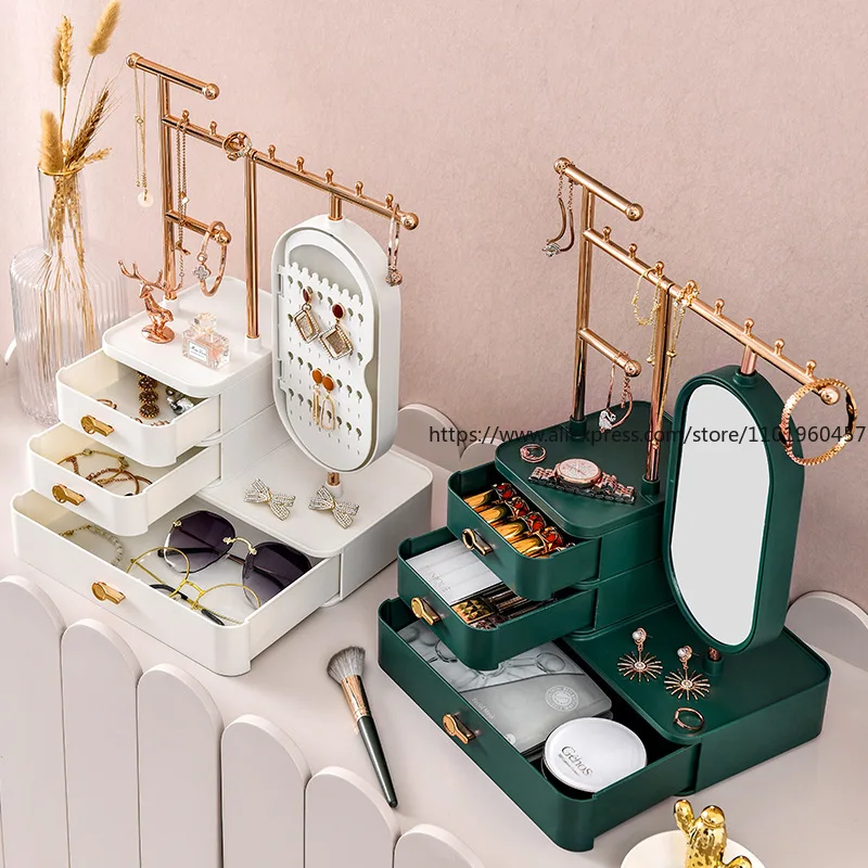 2-in-1 Jewelry Cosmetic Organizer Mirrored Display Stand with Skincare Storage All-in-One Desktop Rack