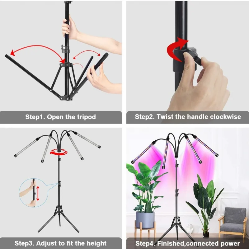 3/4/5 Head Energy-Saving Full Spectrum Imitation Sunlight Three-Leg Base Floor Stand Indoor Plant Growth Light