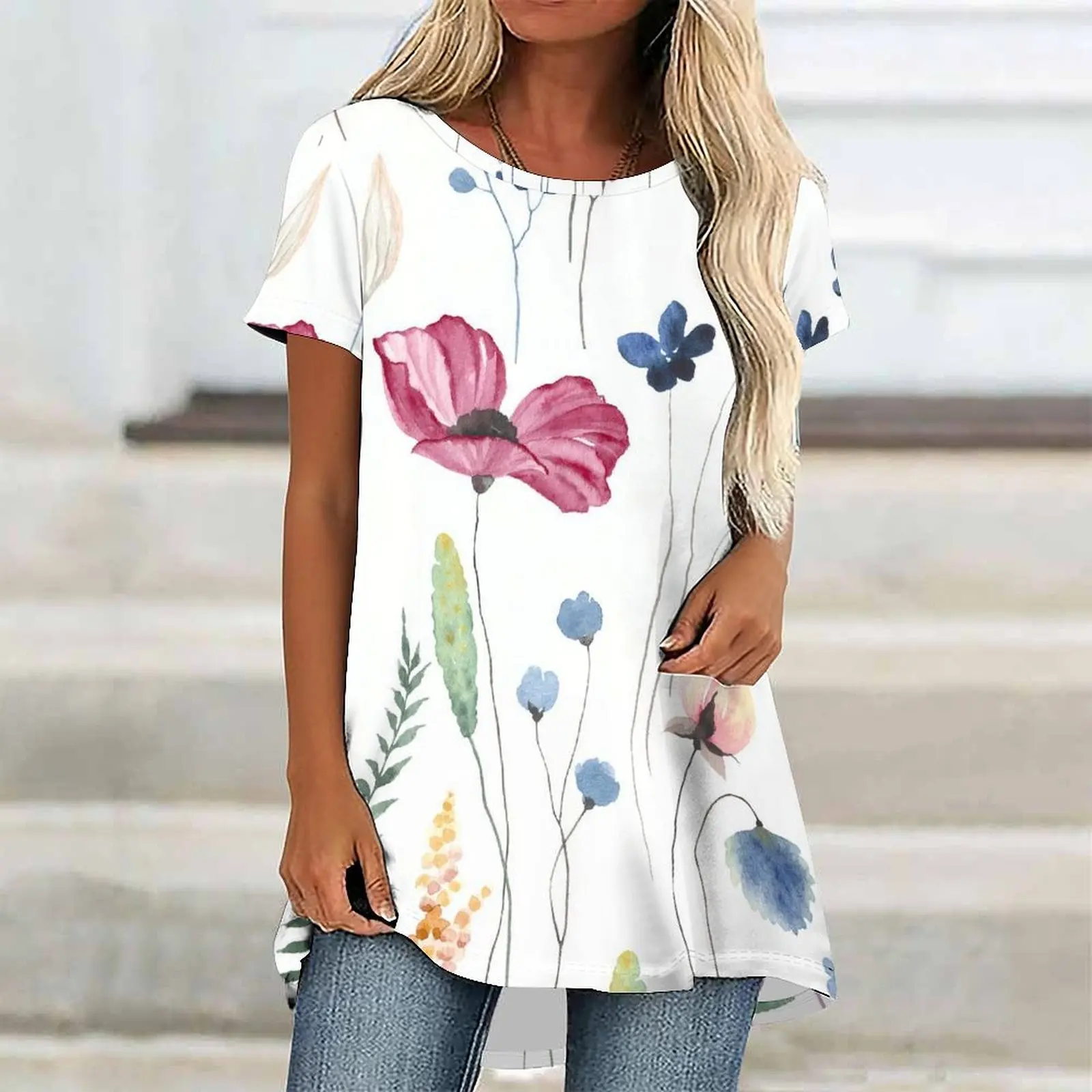 Women Print Crew Neck Irregular Hem Short Sleeve Casual Tunic Tops