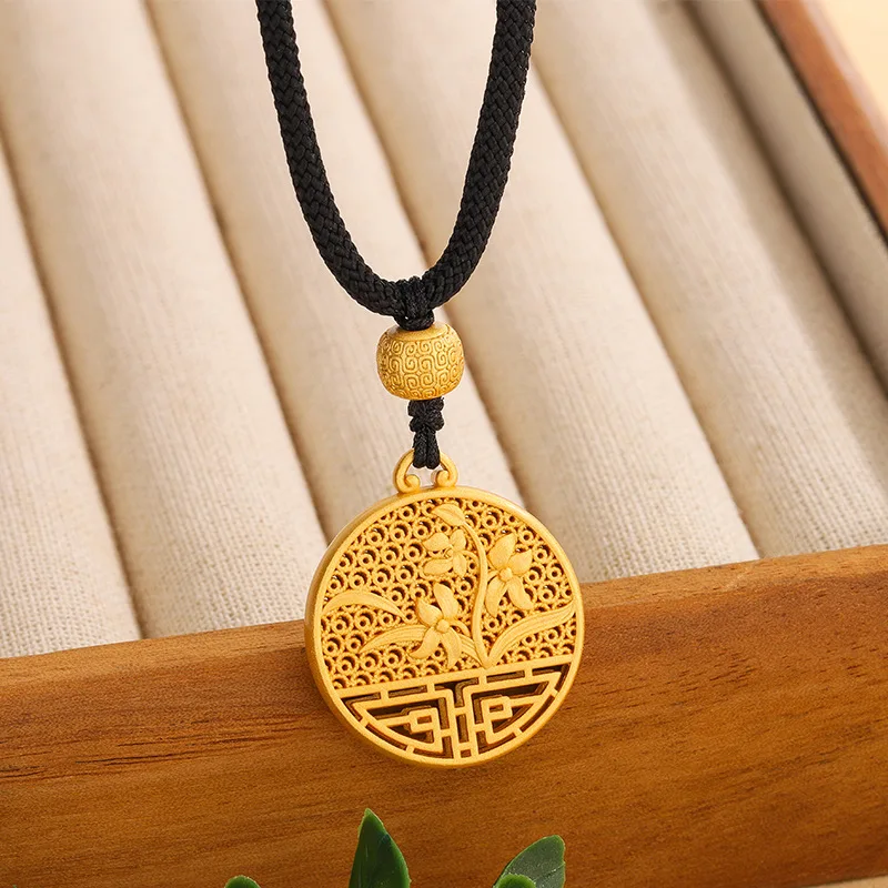 999 Silver Eight-Treasure Hollow Flower Window Pendant Auspicious Black Rope Woven Necklace Men And Women