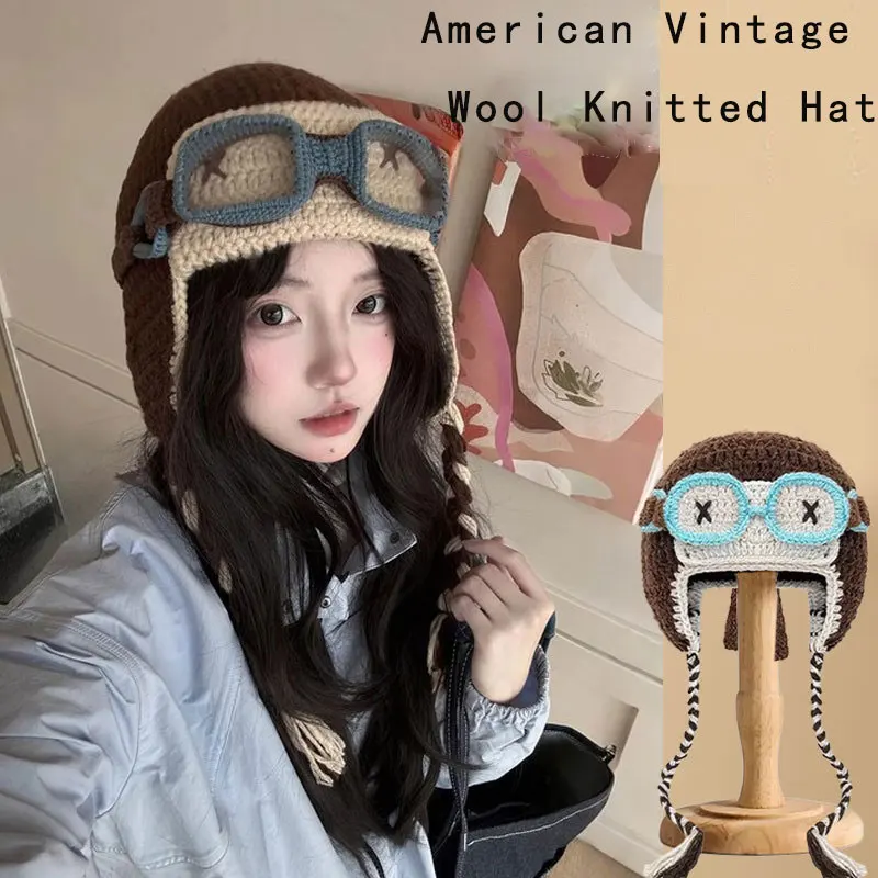 Vintage Pilot Goggles Beanie - Face-Slimming Photogenic Winter Hat, Multi-Color Retro Stylish Cap