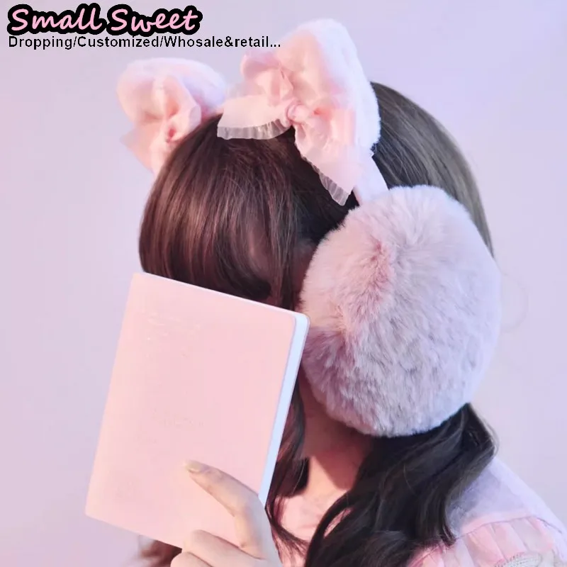 겨울 고딕 펑크 수제 귀여운 리본 다크 따뜻한 고양이 귀 리본 플러시 서브컬쳐 Y2K 소녀 보호 귀마개 액세서리