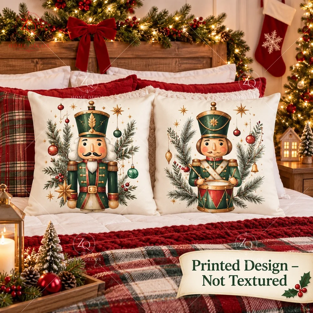 Christmas Nutcracker Cushion Cover 18x18 Inches Peach Skin Velvet Pillowcase Holiday Living Room Sofa Bed Home Decor