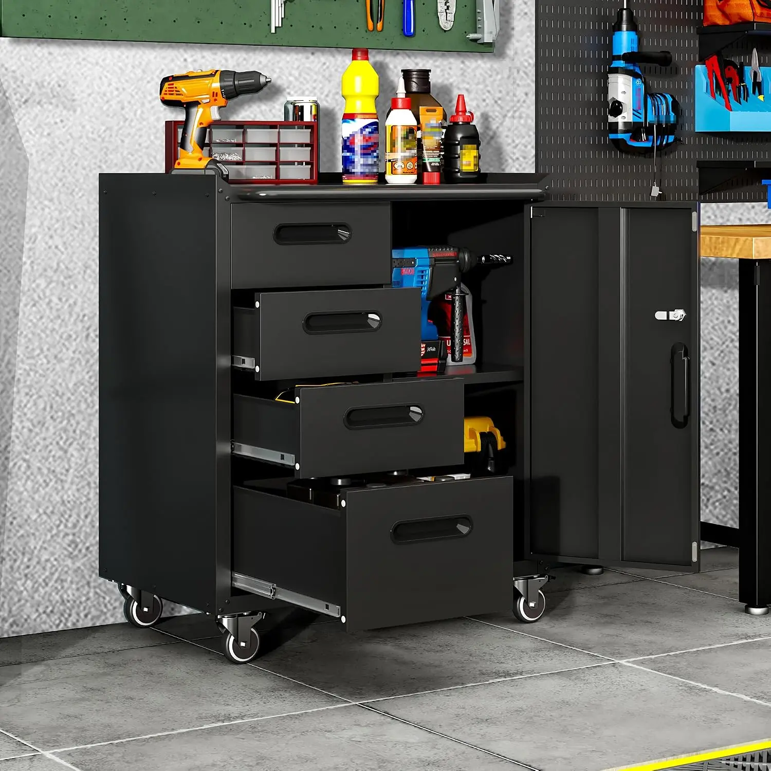 Garage Cabinets,Metal Garage Storage Cabinet with Wheels,Black Lockable Rolling Tool Cabinet with Drawer, Customized