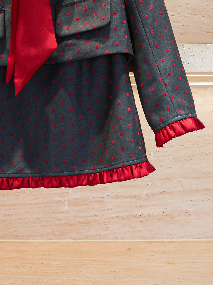 

Miumem High-End Women's Faion Set with Belted Jaet And ter Skirt Hepburn Dot Print Long Sve V-Ne Button Closure