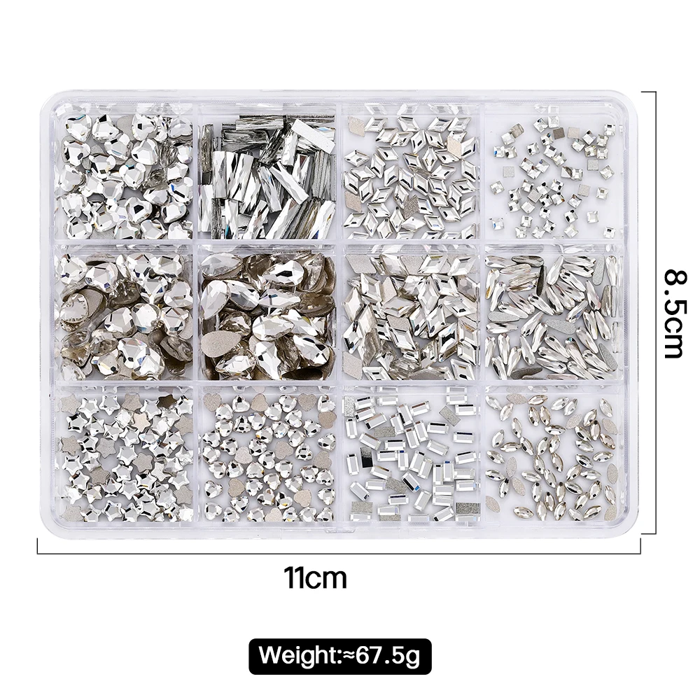 12 Gitter Mini-Diamanten mit Flachboden für Nagelkunst, Weiße Nagelrhinesteine für 3D-Nageldekorationen, Glitzer-Maniküre-Zubehör – Detail 3