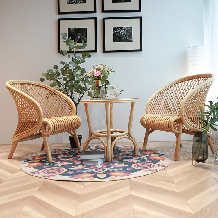 Three-piece set of natural rattan chairs with backrest