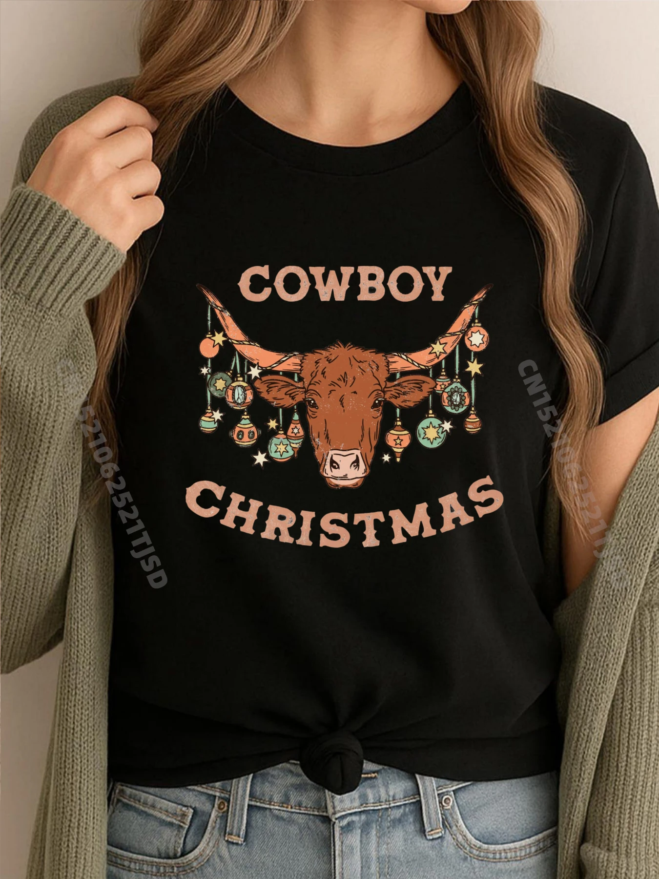 

Ретро С Рождеством Санта Ковбой Западное Рождественское Орнамент Дизайнерская Одежда Женская Футболка Homme