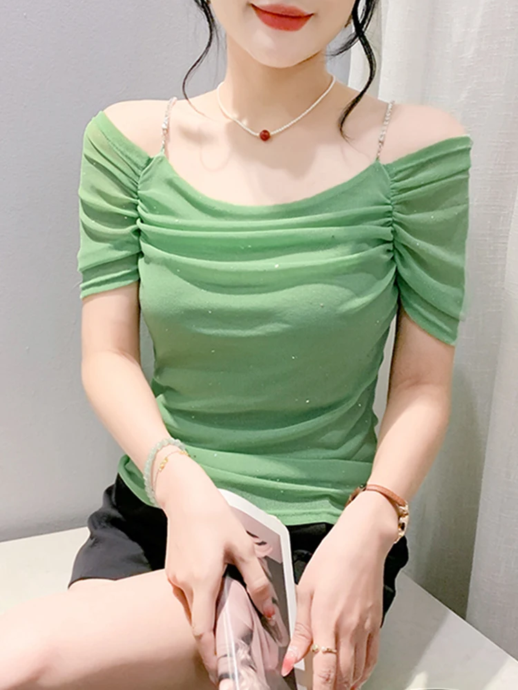 #8201 Black Pink Green Off Shoulder T Shirt Women Sexy Skinny Short Party Mesh T Shirt Femme Short Sleeve Folds Tee Shirt Summer
