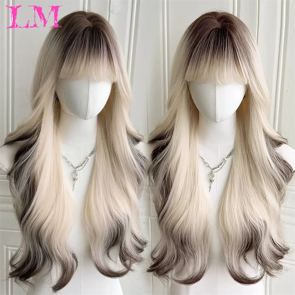 LM Synthetic Long Straight Lolita Wig with Bangs Wig Girl Cute Ombre Pink Blonde Black Cosplay Party Halloween Harajuku Wig