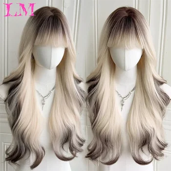 LM สังเคราะห์ยาวตรง Lolita วิกผม Bangs วิกผมสาวน่ารัก Ombre สีชมพูสีบลอนด์สีดําคอสเพลย์ปาร์ตี้ฮาโลวีน Harajuku วิกผม