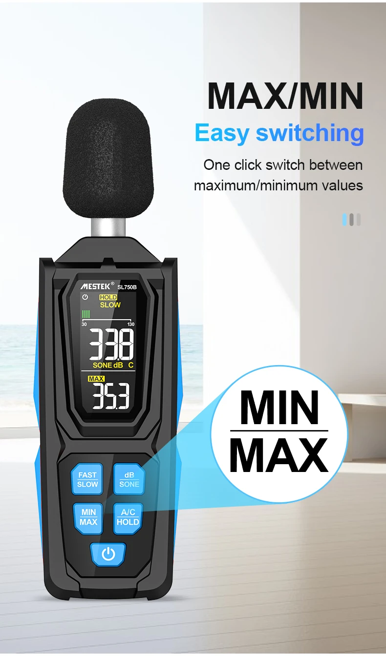 SL750B Digitales Schallpegelmessgerät 30–130 dB A/C gewichtetes professionelles Sonometer Lärmtester Lärm Dezibel-Messgerät – Detail 8
