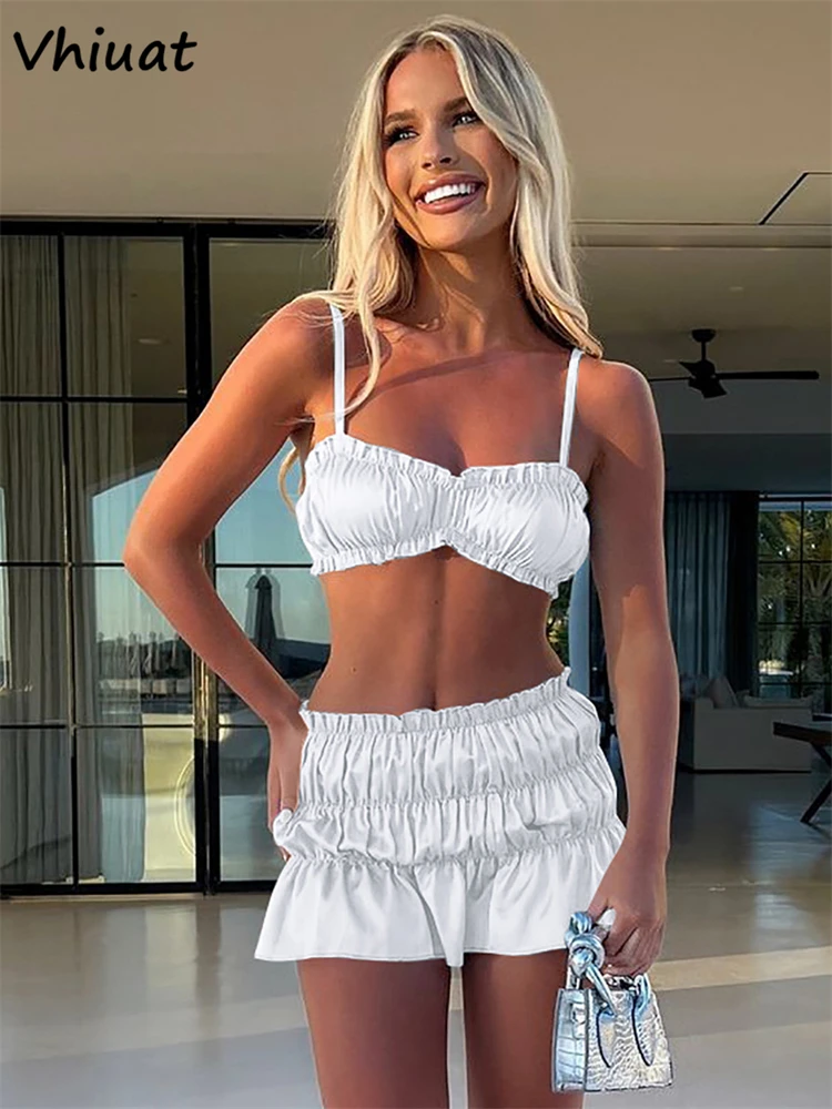 Vhiuat Cute Kawaii Pleated Skirt Bikini Crop Tops And High Waist Mini Skirt Sexy Beach Party Summer Dress Outfits 2 Piece Sets