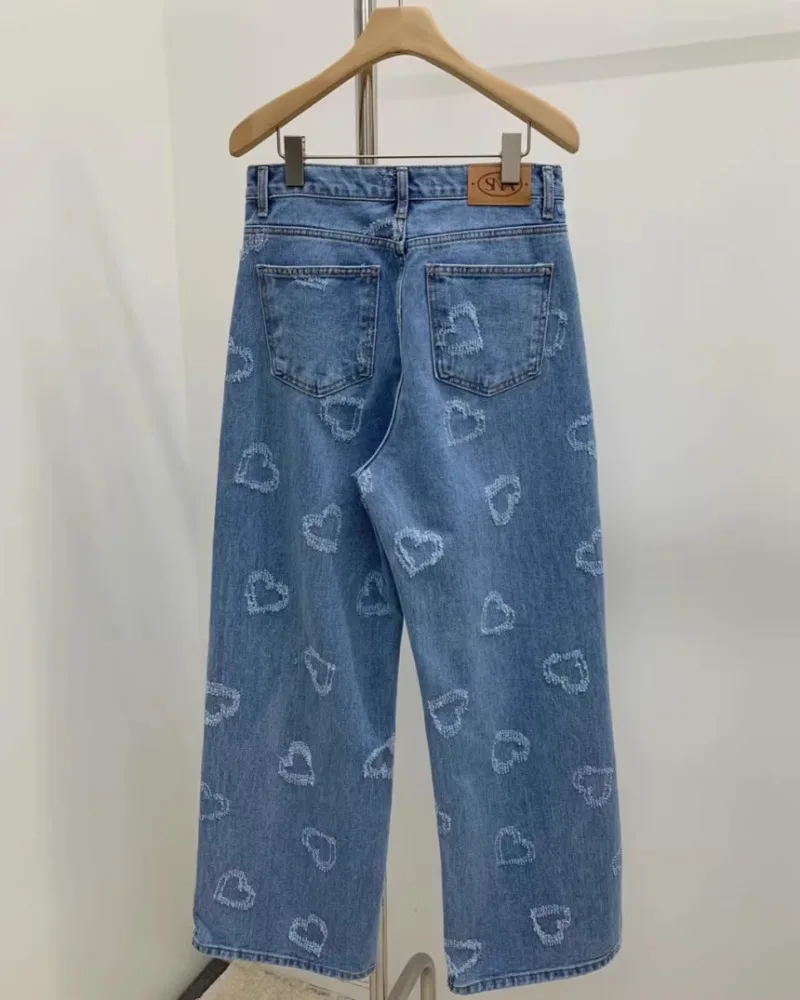 Jeans taille haute à motif de cœur pour femmes, pantalons en denim décontractés, pantalons à jambes larges, vêtements coréens, printemps