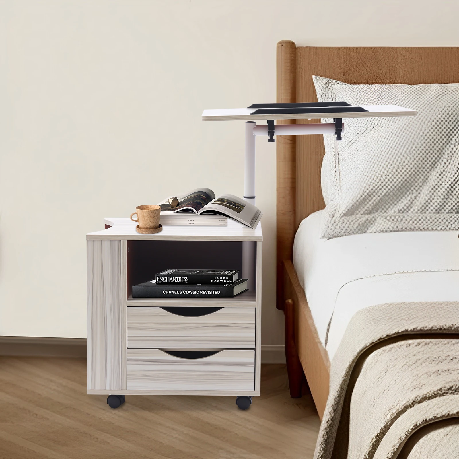 Multi-Layer Storage Desk Lifting Bedside Table End Tables Removable Bedside with Lockable Wheels