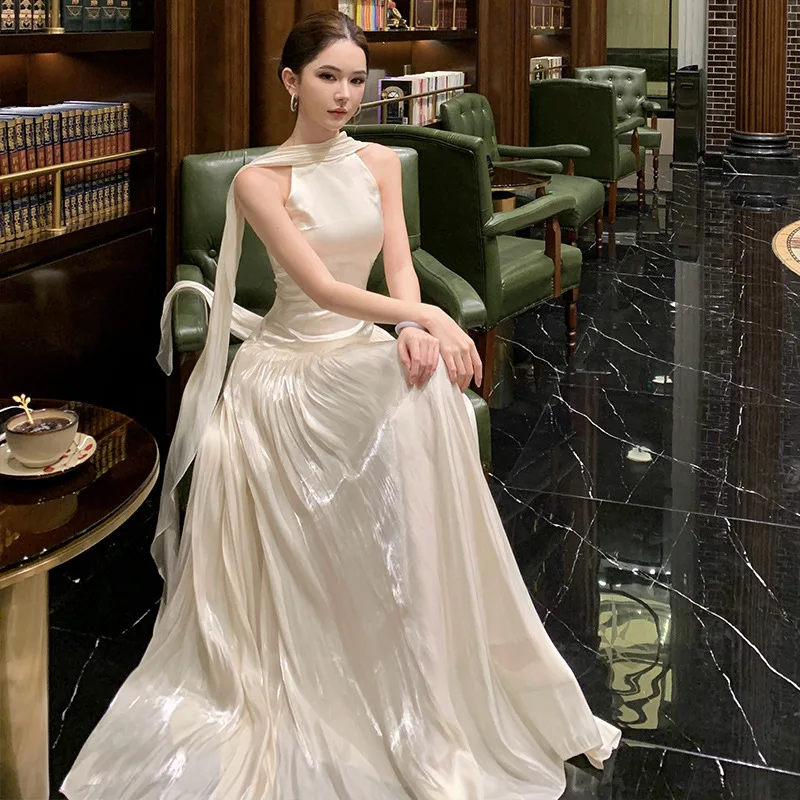 

French Style Elegant Neck Hanging Dress for Women 2026 Summer New Fashion Light Luxury High-end Feeling Shawl Long Skirt