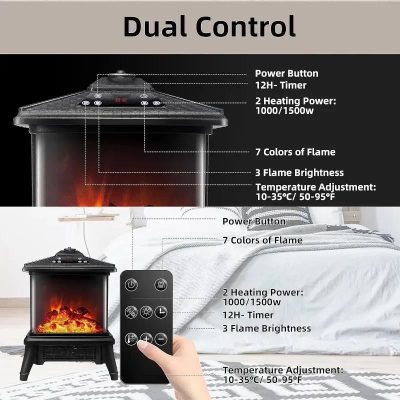 Electric Fireplace Heater 1500W 3 Sided Portable Freestanding Stove Heater Realistic Flame Effect 7 Colors& 3 Brightness