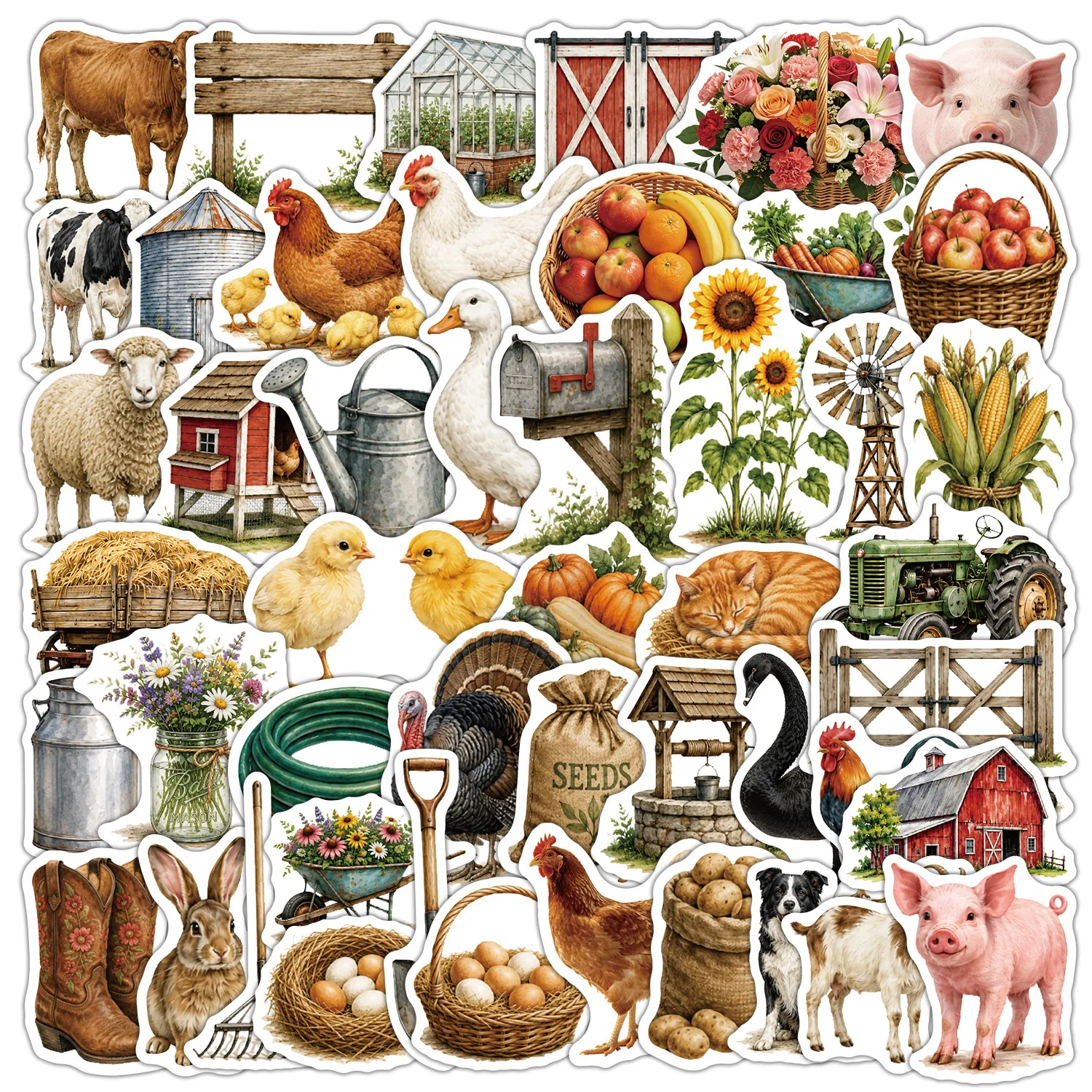 50 PCS Cartoon Retro Style Farm Animal & Item Theme Stickers Decorate Storage Box Window Fridge Hand Account Waterproof Decals